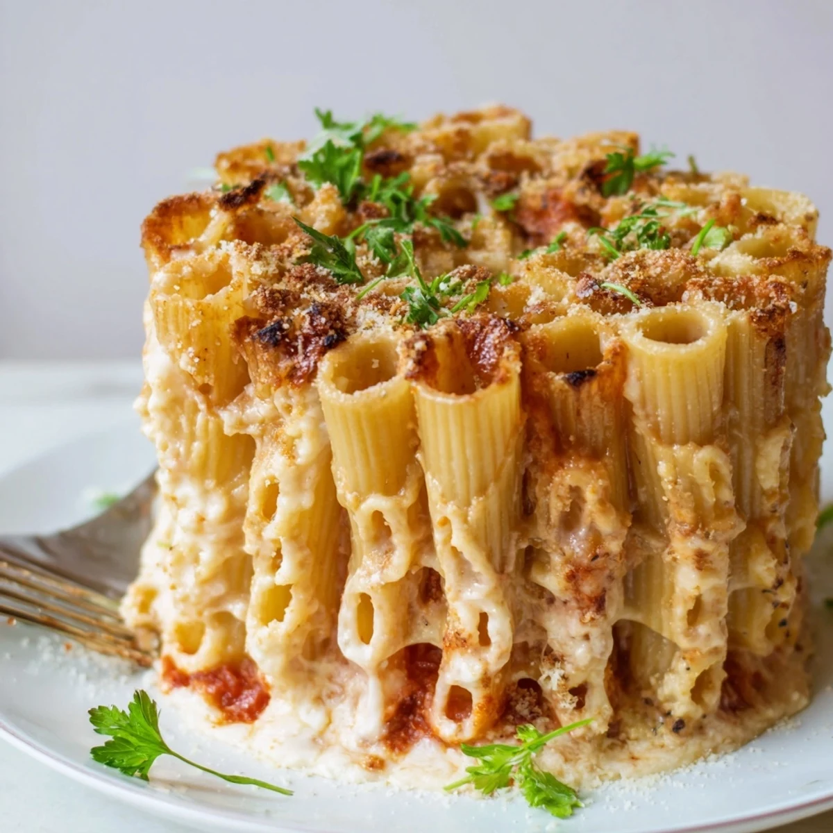 Baked Honeycomb Pasta Cake with rich tomato sauce and creamy cheese filling.  