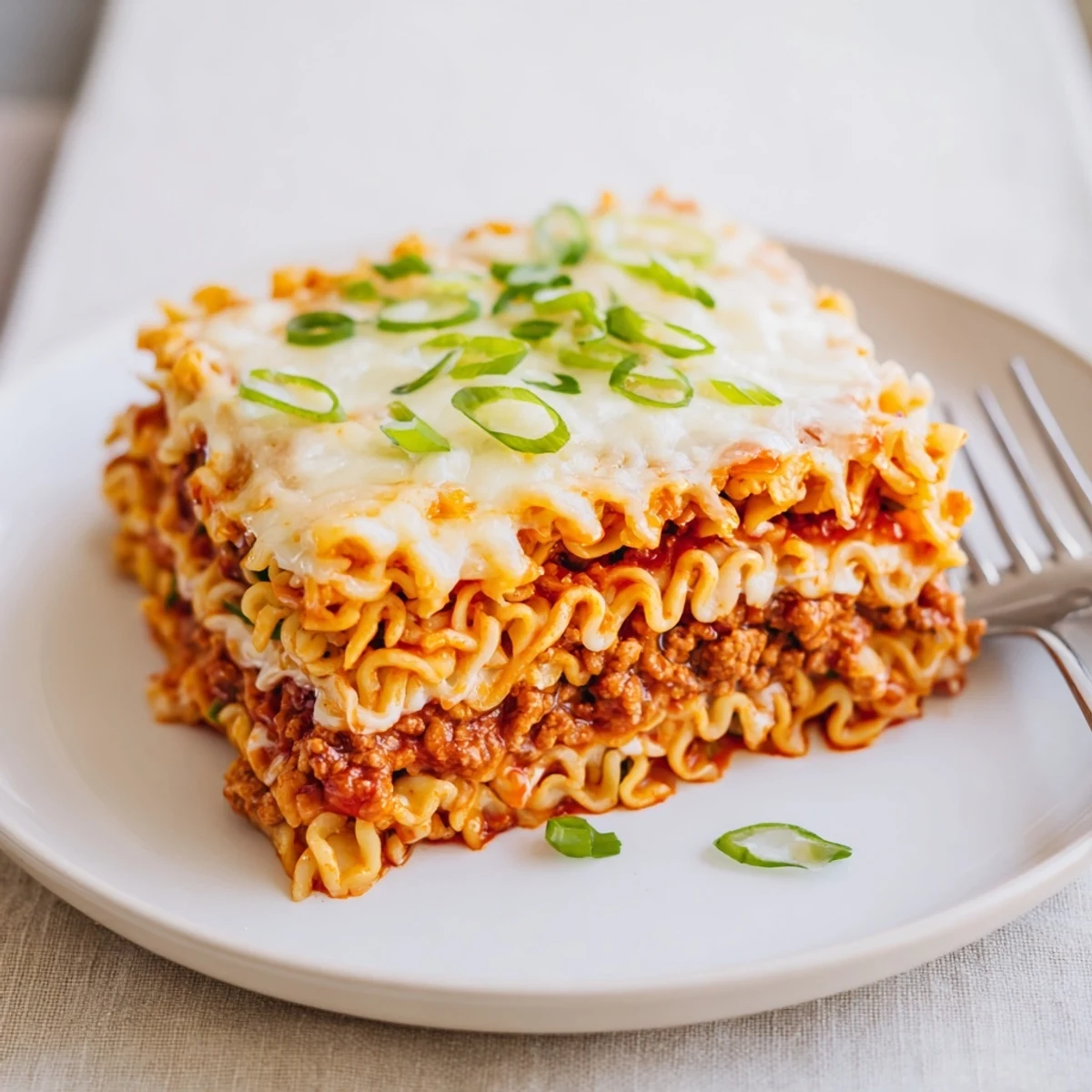 Spicy Ramen Lasagna layered with creamy cheese and spicy ground pork in a baking dish.  