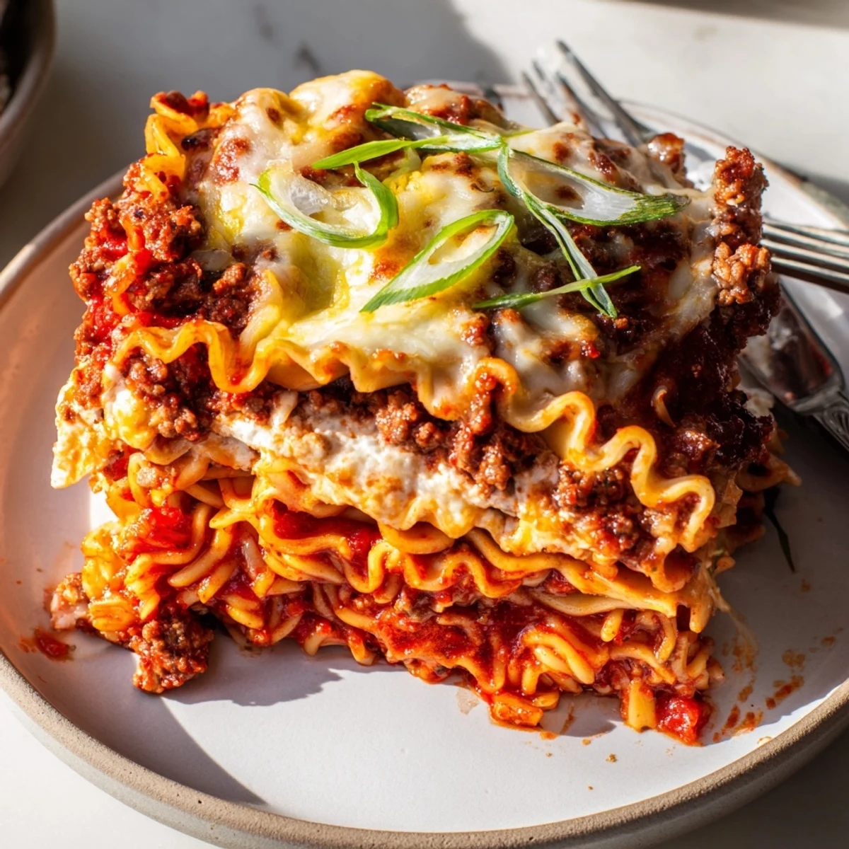 A warm and comforting Spicy Ramen Lasagna topped with bubbling mozzarella and savory meat sauce.  