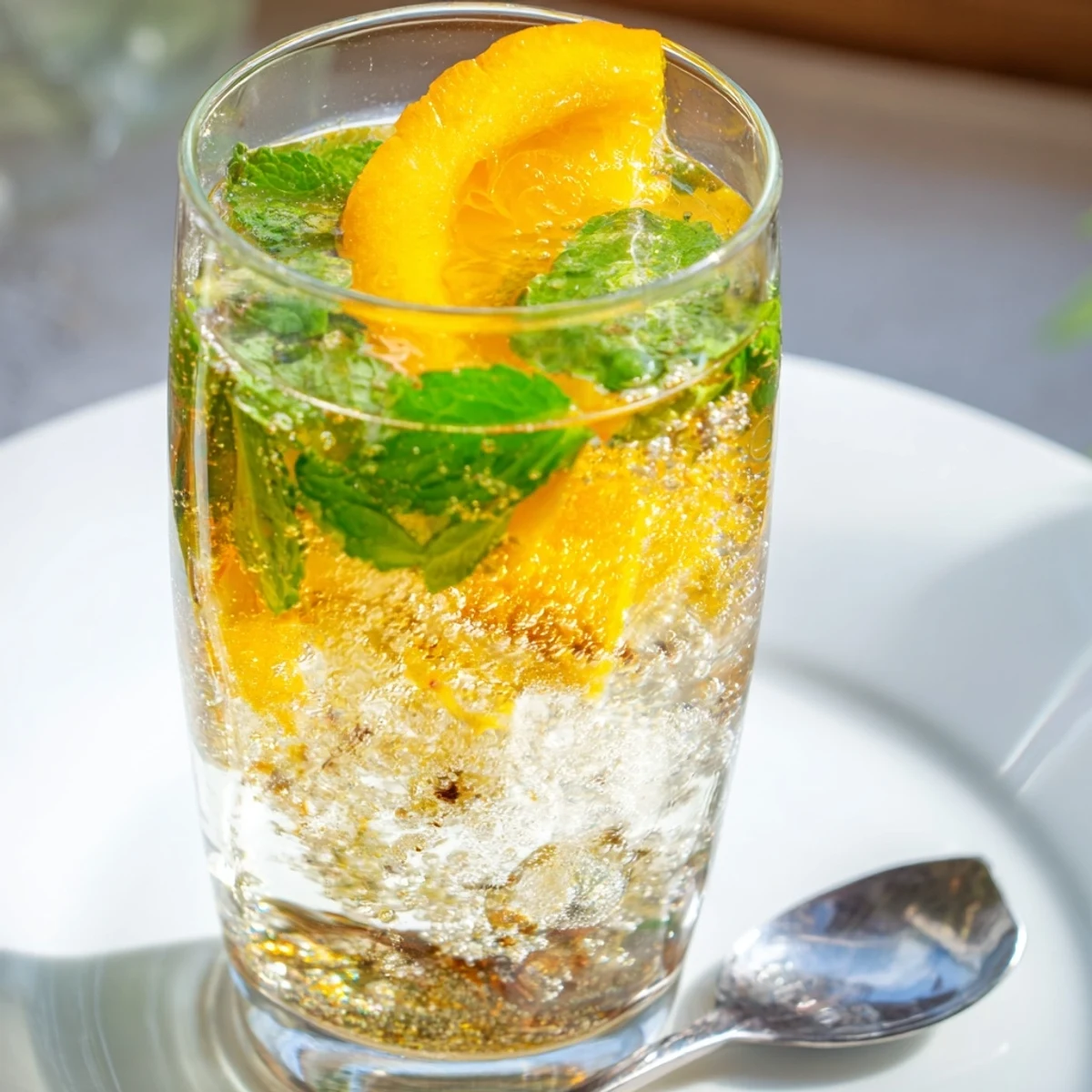 Sparkling probiotic soda mocktail served over ice, garnished with orange slices.  
