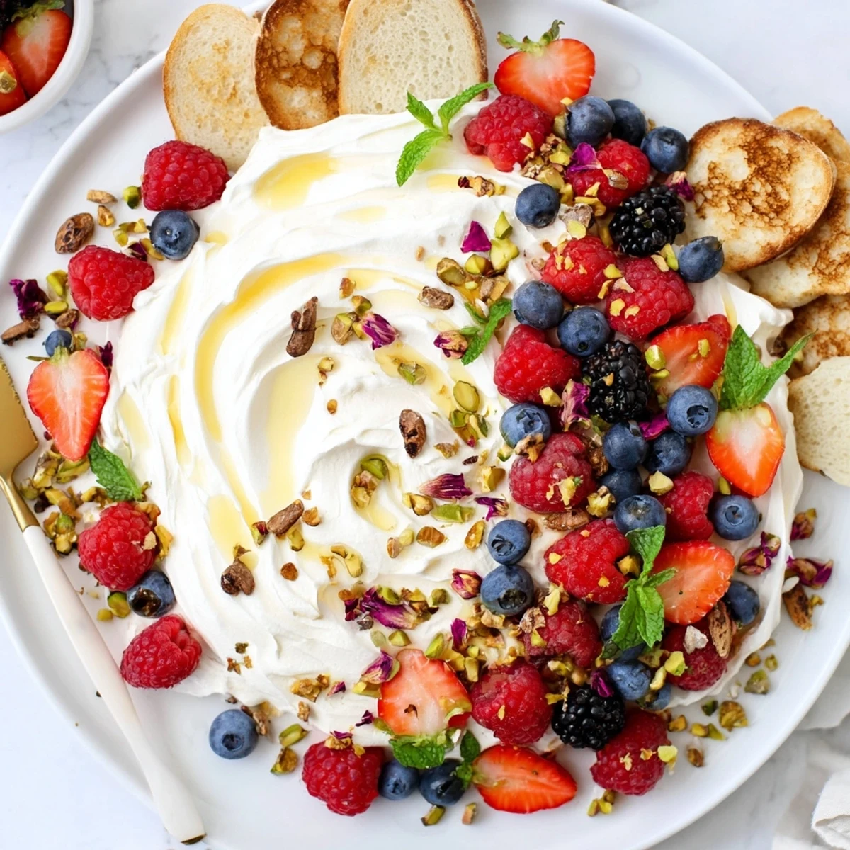 Creamy butter board dessert showcasing vibrant berries and crunchy toppings.  