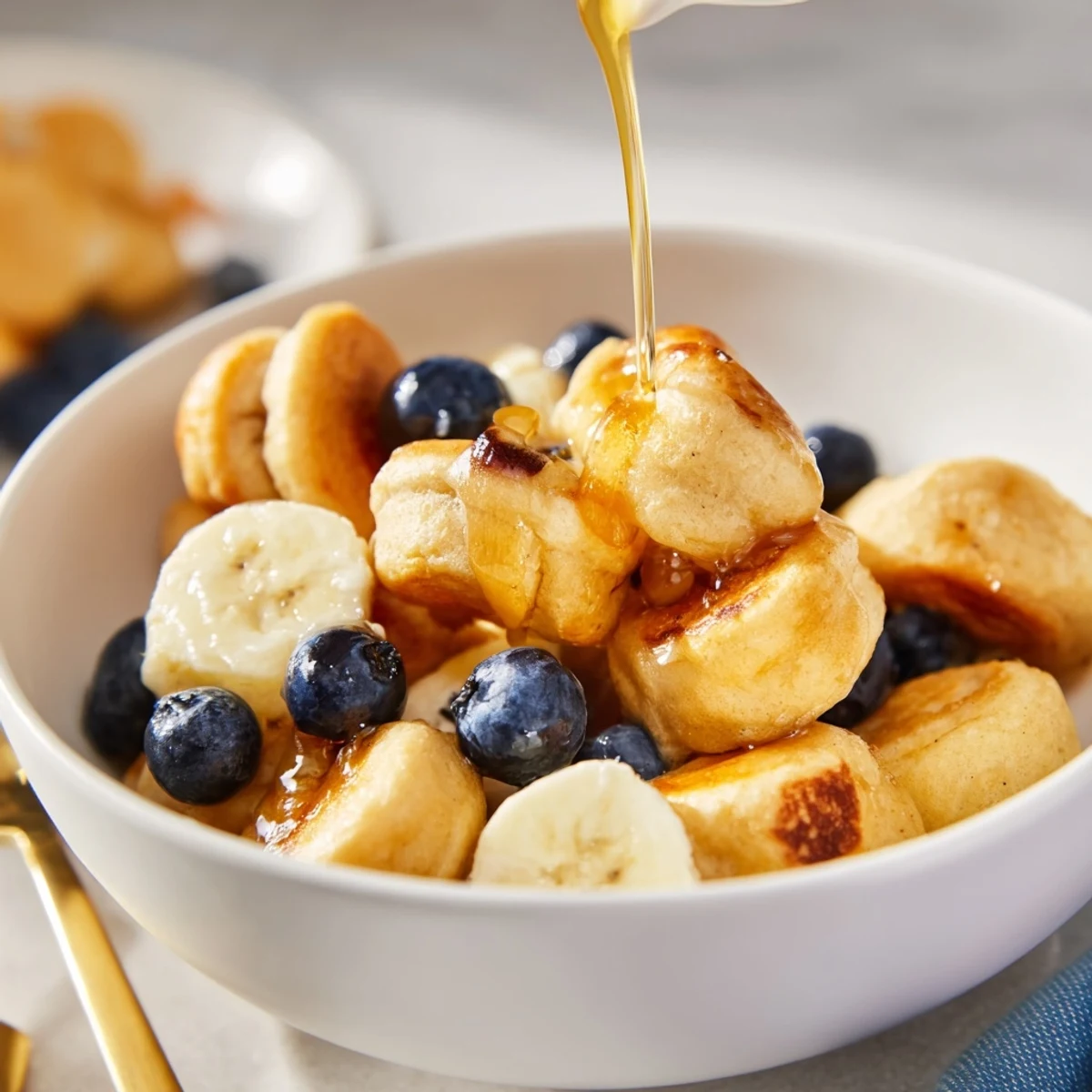 Mini pancake cereal drizzled with syrup and topped with fresh berries in a bowl.  