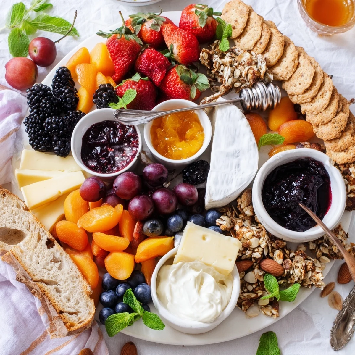 A colorful jam-infused brunch board featuring fresh fruits and creamy cheeses.  