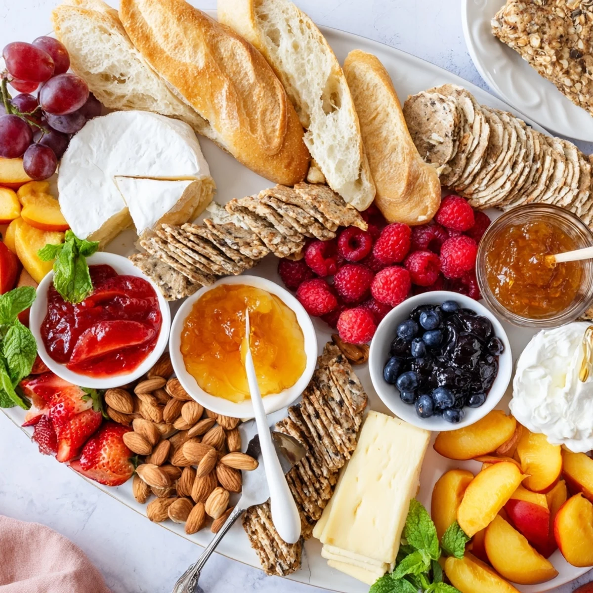 Elegant selection of jams, artisan breads, and fruits for a delightful brunch gathering.  