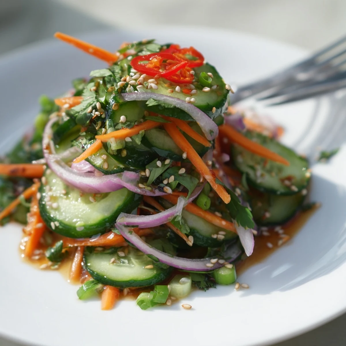 Vibrant cucumber salad remix with Asian flavors, ideal as a light appetizer.  