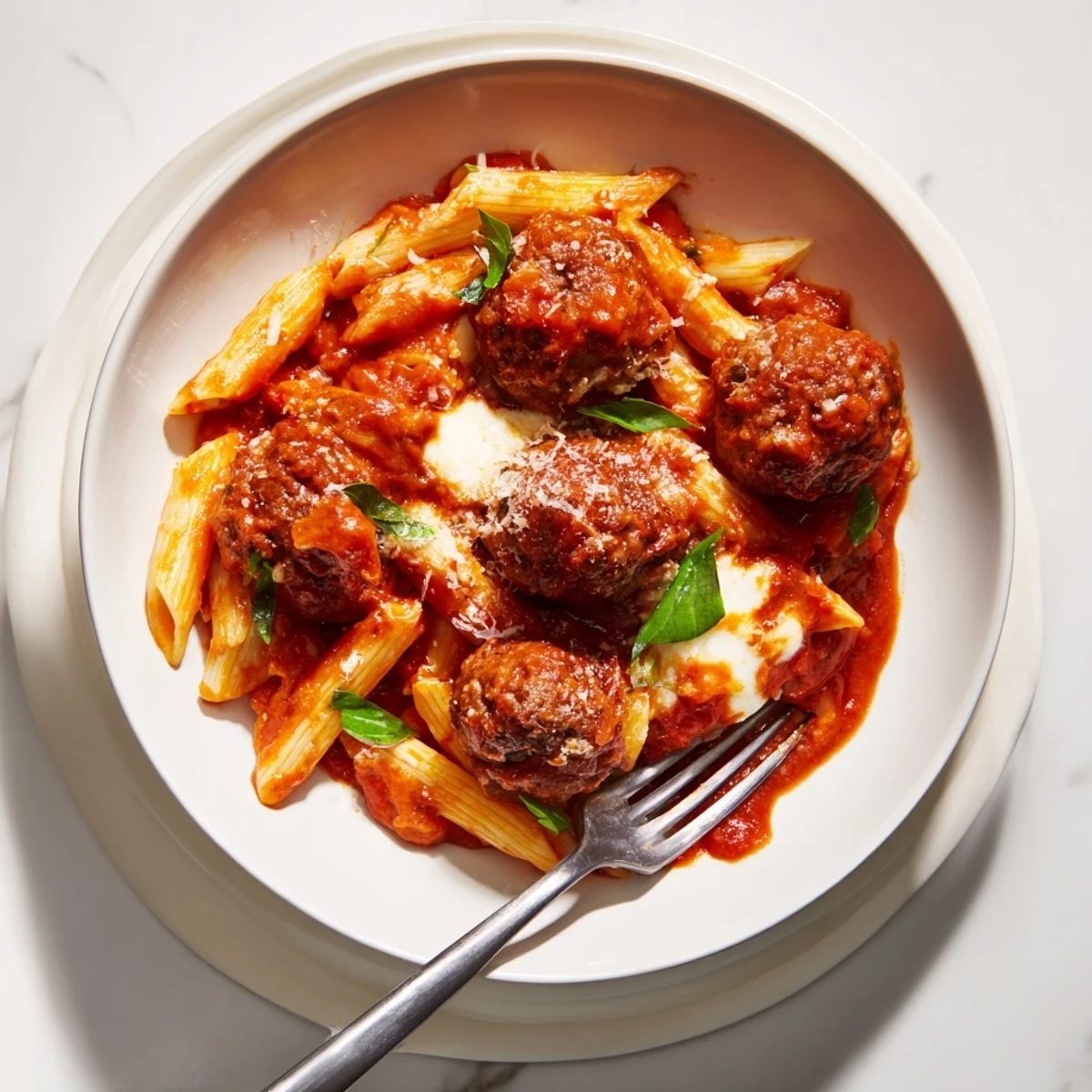 Hearty Italian meatball pasta skillet topped with melted cheese and fresh basil.  