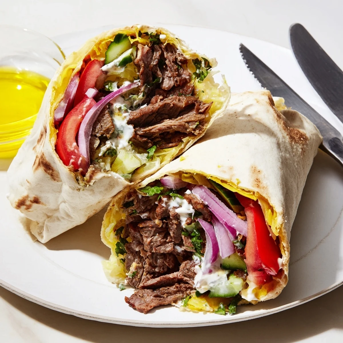 Tender beef shawarma wraps with creamy yogurt sauce and fresh veggies.  