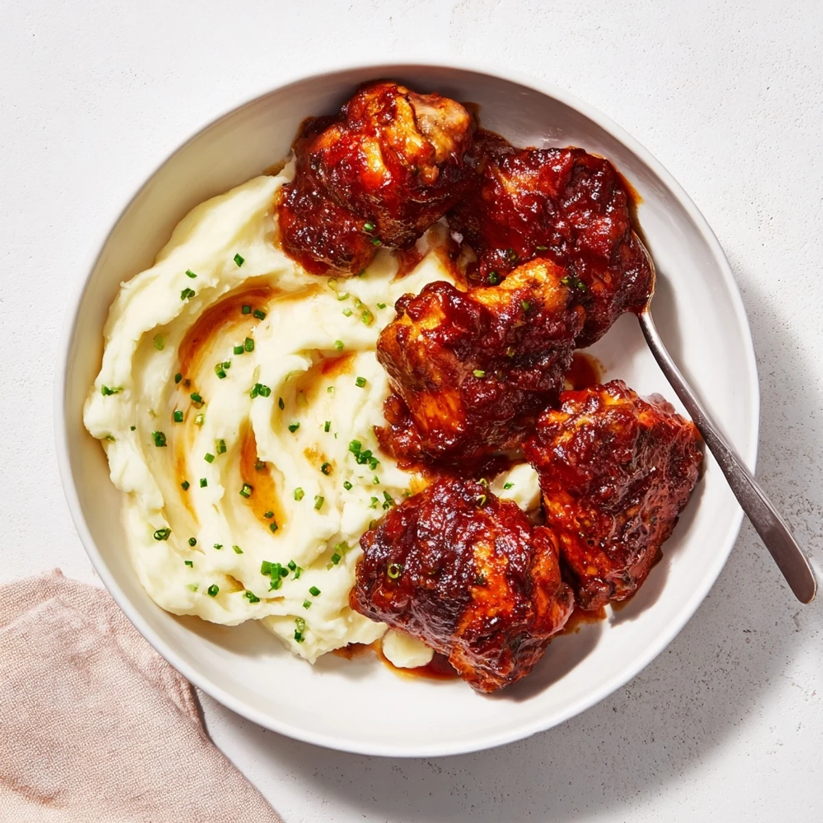 Delicious honey BBQ chicken thighs served warm with fluffy garlic mashed potatoes.  