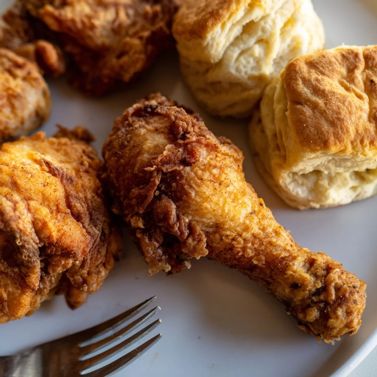 Juicy fried chicken served with fluffy buttermilk biscuits, perfect for gatherings.  