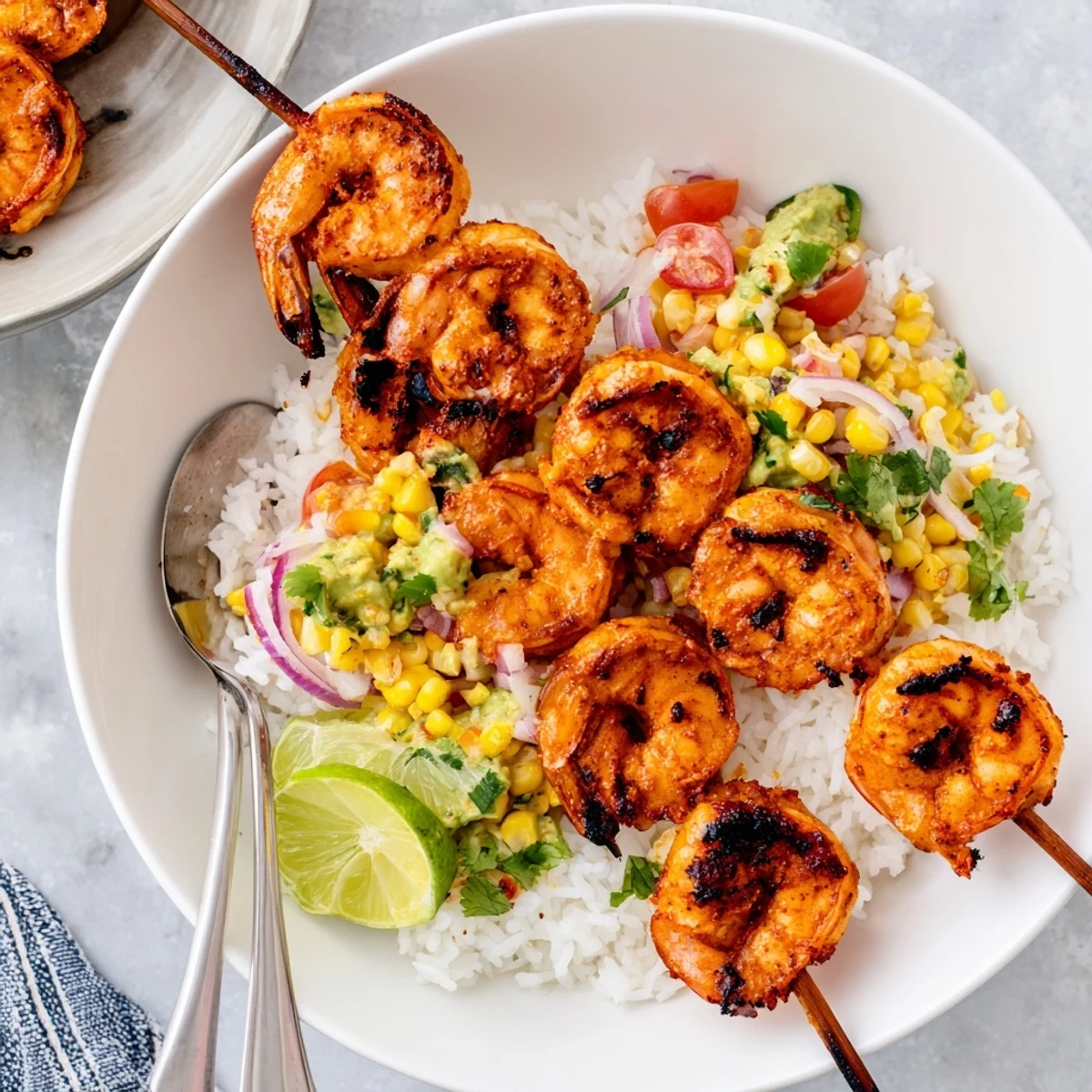 Juicy grilled shrimp bowl topped with creamy avocado corn salsa and lime zest.  