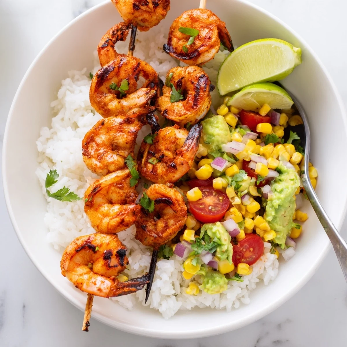 Delicious Easy Grilled Shrimp Bowl with colorful corn salsa, perfect for summer meals.  