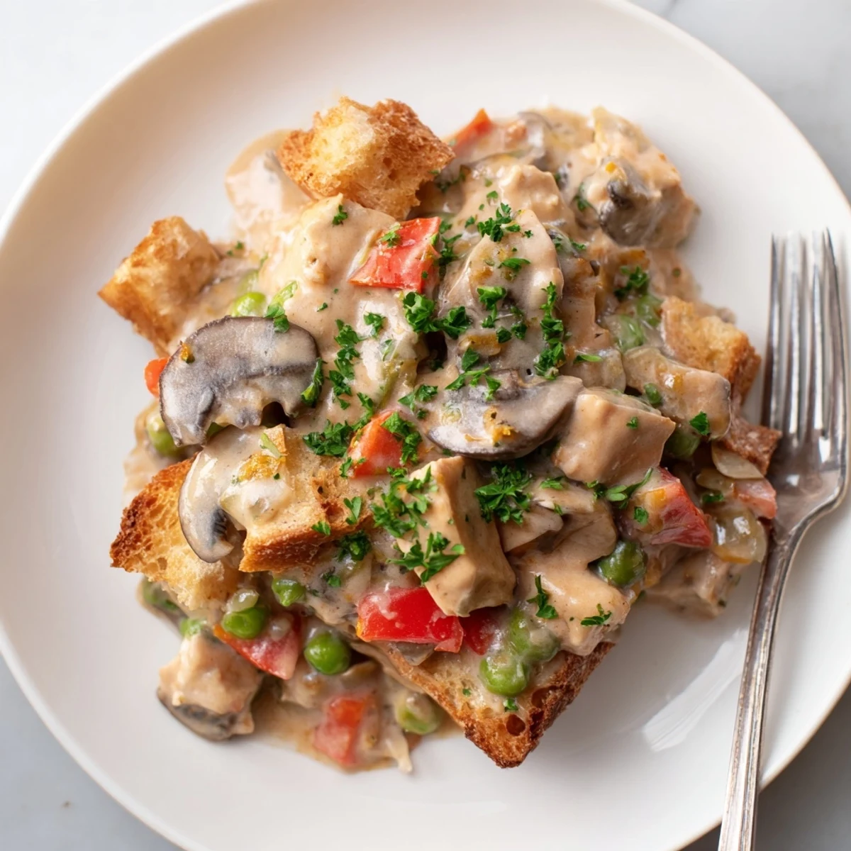 Warm Chicken à la King topped with vibrant veggies, nestled on crispy toast.  