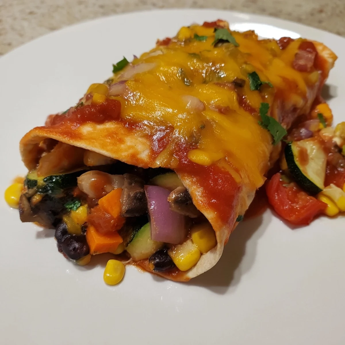 Farmers Market Vegetarian Enchiladas bubbling with cheese and vibrant veggies, baked in rich enchilada sauce.