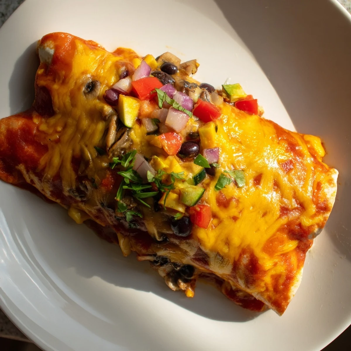 A close-up shot of cheesy, flavorful Farmers Market Vegetarian Enchiladas, ready for serving with fresh toppings.