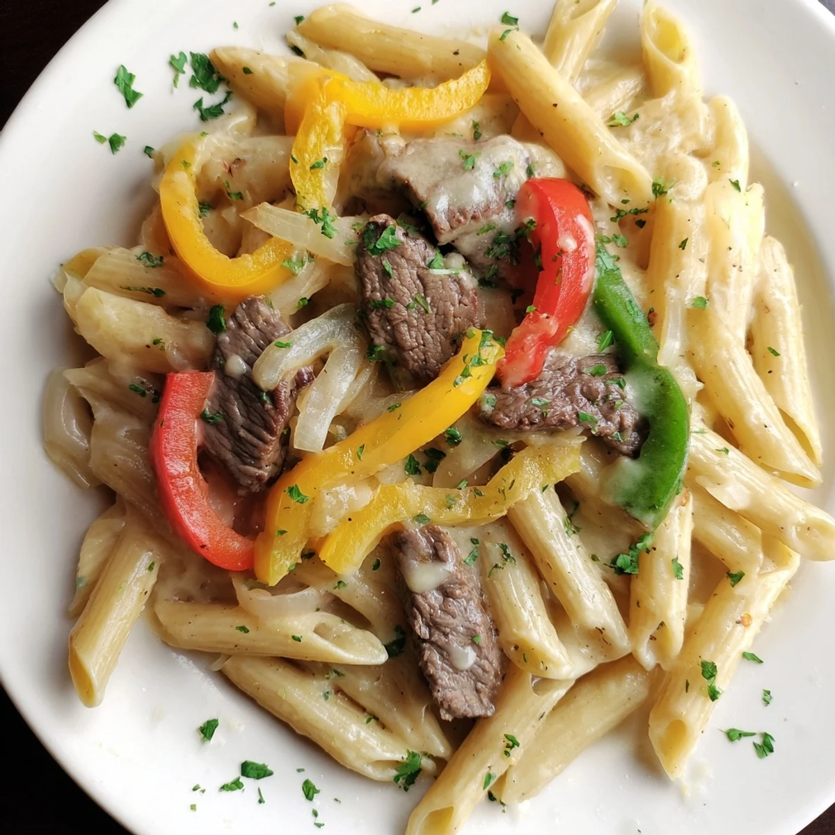 Steaming bowl of Philly cheesesteak pasta, a comforting blend of beef, peppers, and creamy cheese.