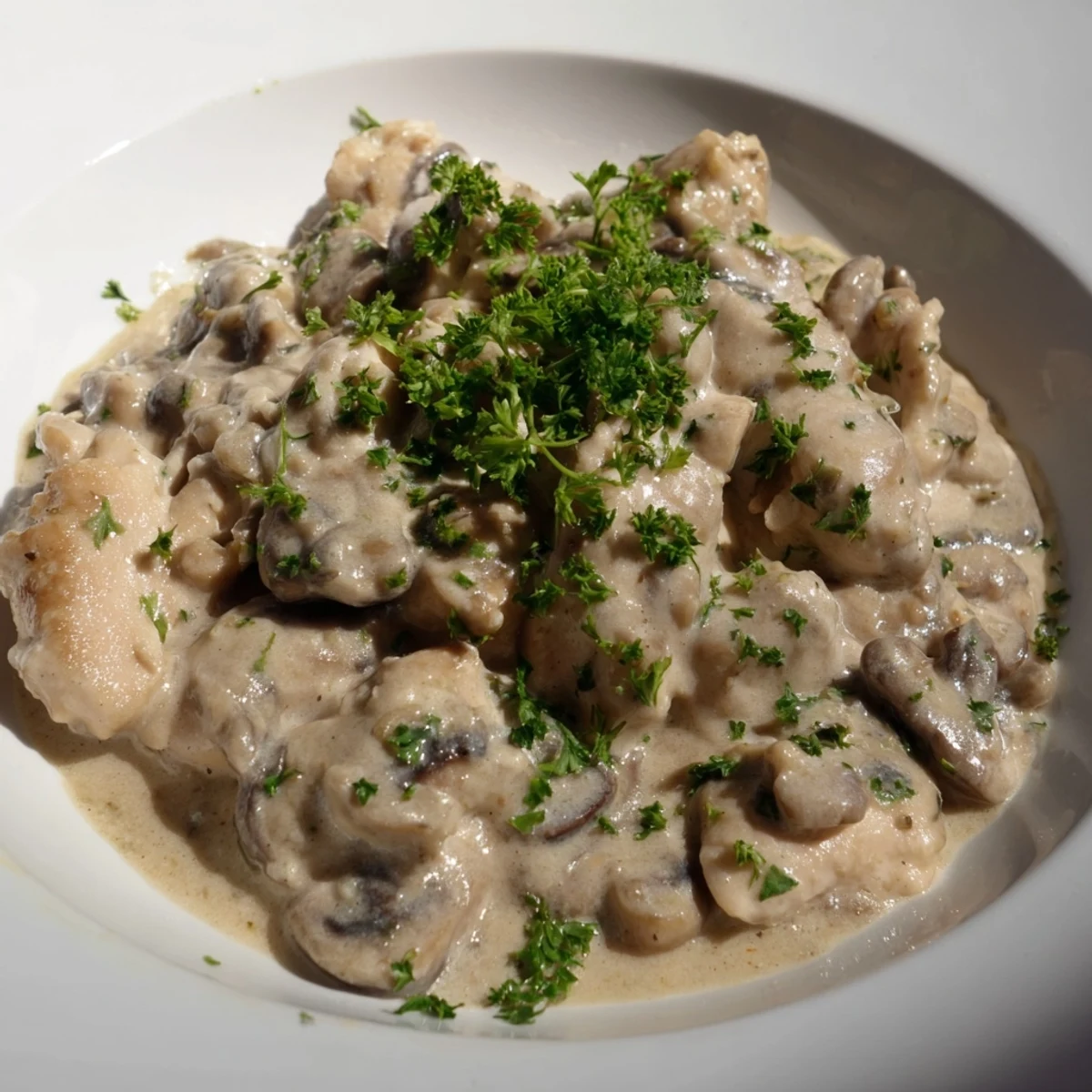 Golden, tender pieces of Creamy Chicken Stroganoff bathed in a rich, creamy mushroom sauce, ready to serve.