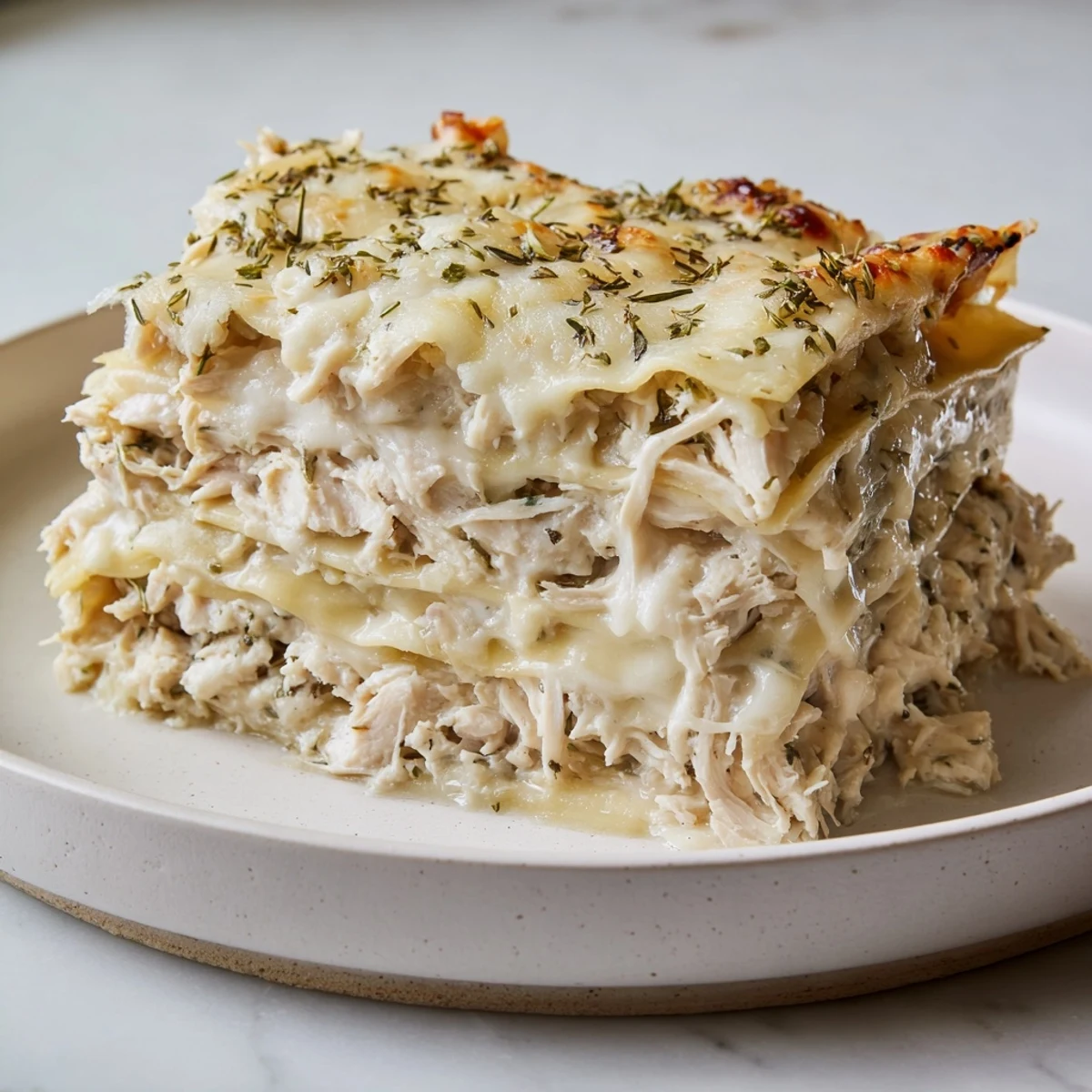 Golden, bubbly Rosemary Chicken Lasagna fresh from the oven, ready to be sliced.