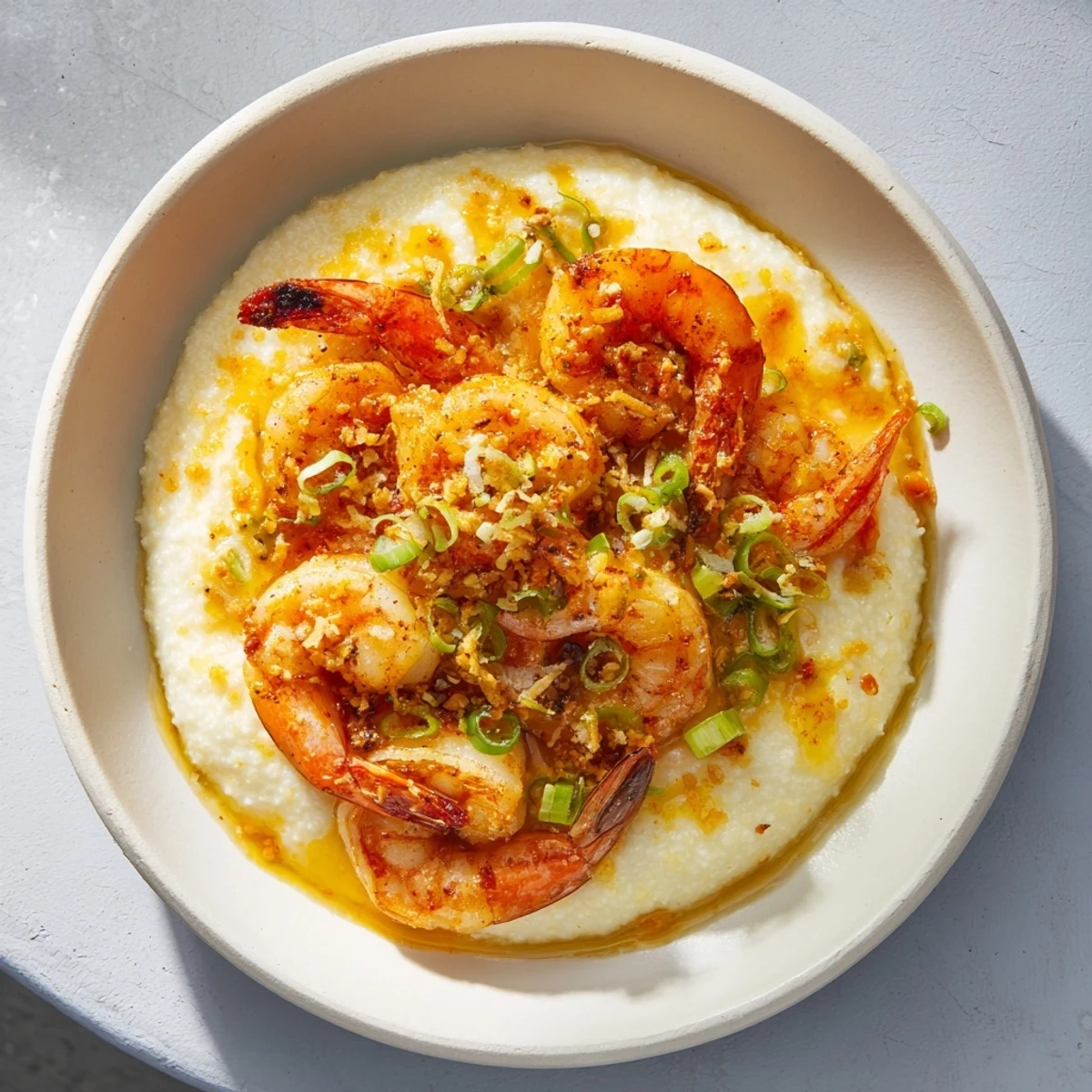 Savory Shrimp & Grits; a creamy bowl topped with plump, glistening garlic butter shrimp.