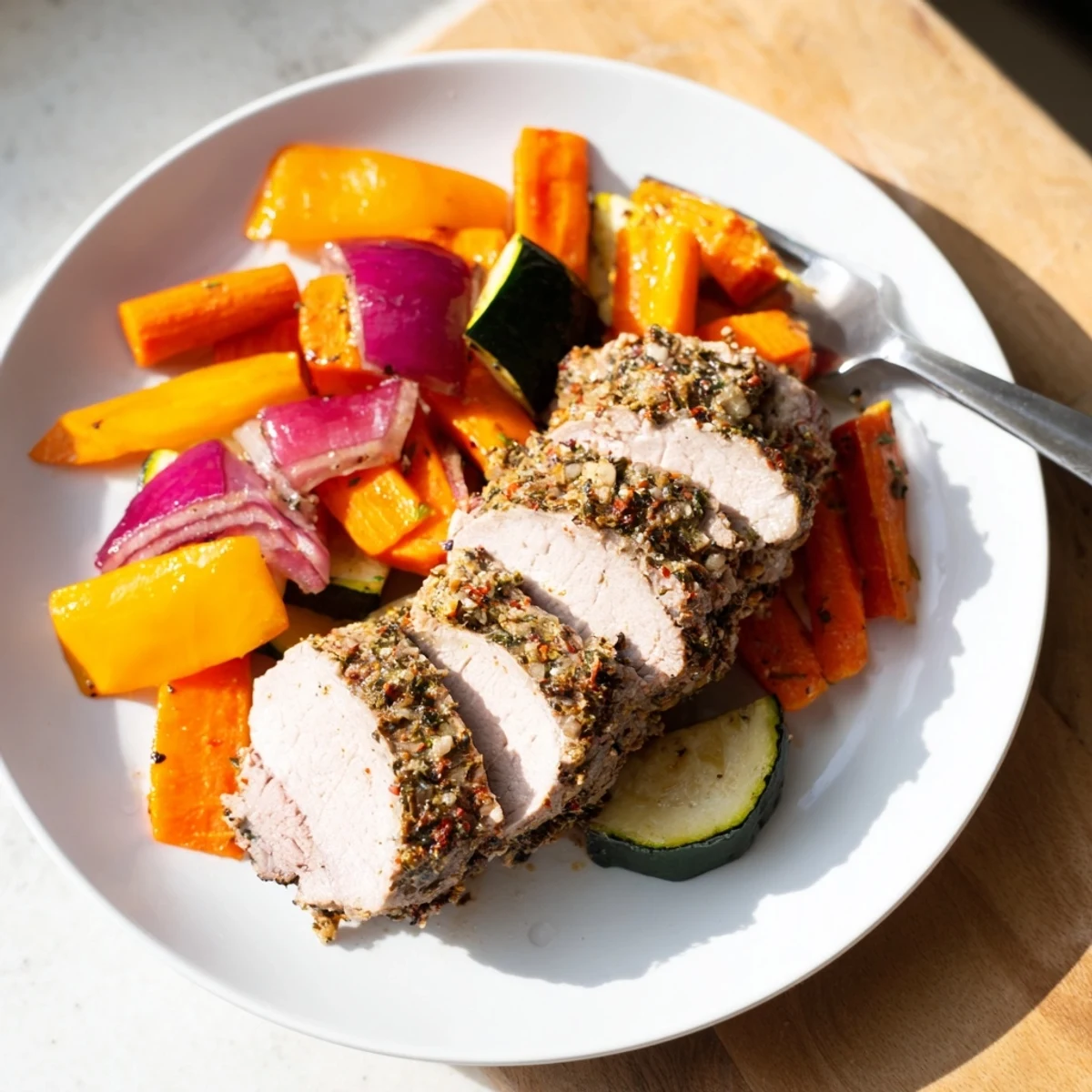 Tender roasted garlic pork tenderloin surrounded by colorful, caramelized vegetables, ready to serve.
