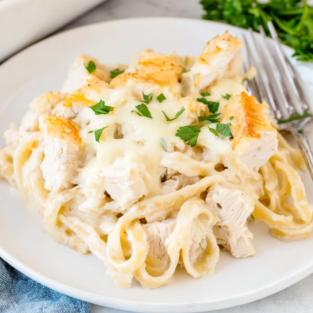 A close-up of a bubbling Chicken Fettuccine Alfredo Bake, ready to serve with parsley garnish.
