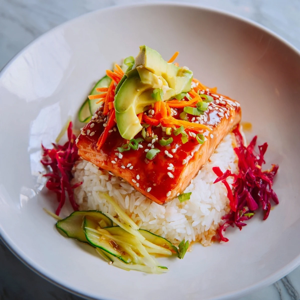 Sweet Chili Salmon Rice Bowl with glossy, glazed salmon and a rainbow of colorful toppings.