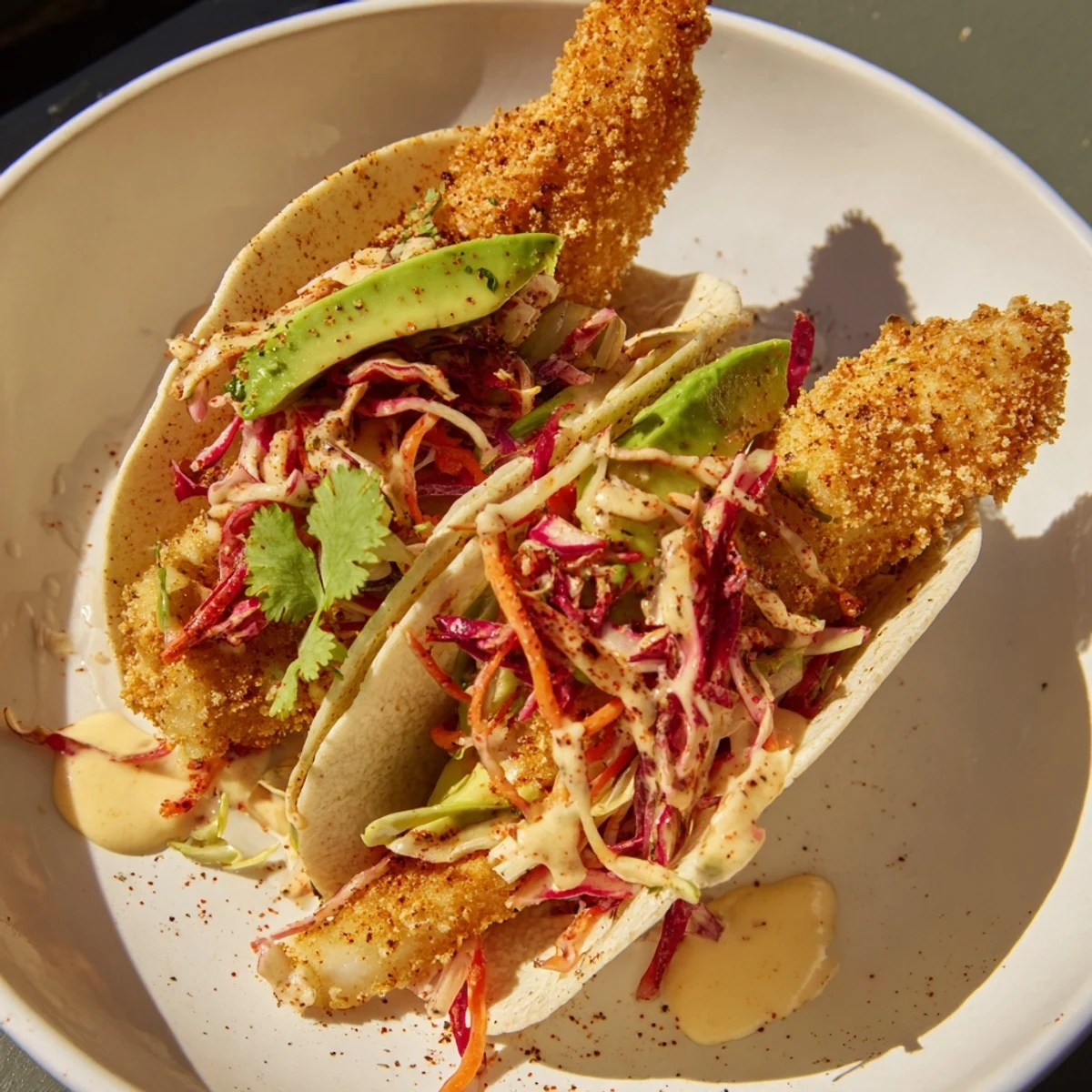 Golden, crispy fish tacos with vibrant slaw offer a delicious, flavorful Mexican-American cuisine experience.