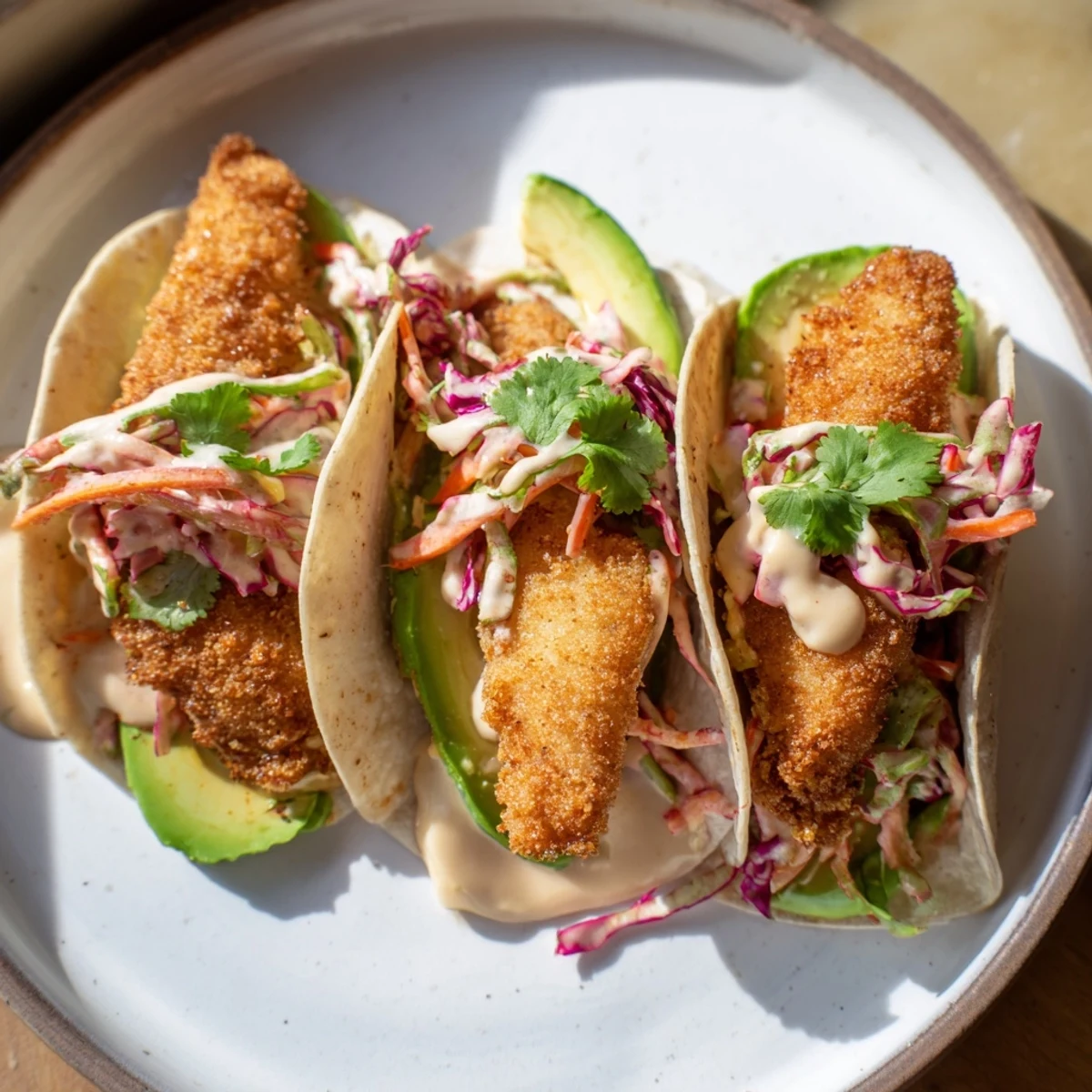 Close-up of freshly made crispy fish tacos, showing golden fried fish and colorful slaw filling.