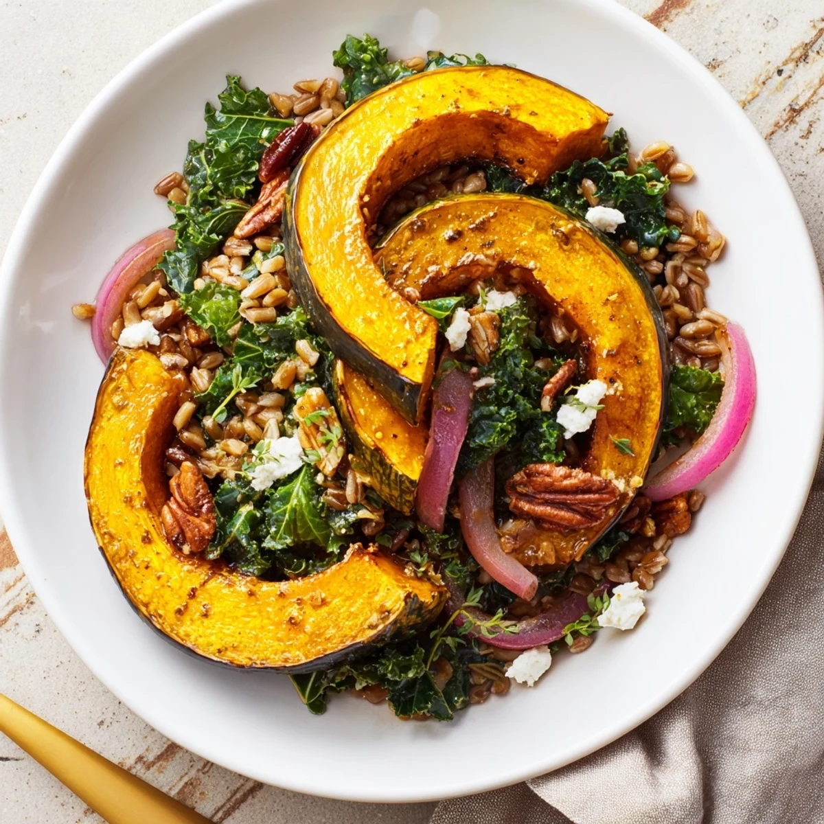 Golden roasted acorn squash tops a colorful Farro & Mustard Green Salad with a lovely maple glaze.