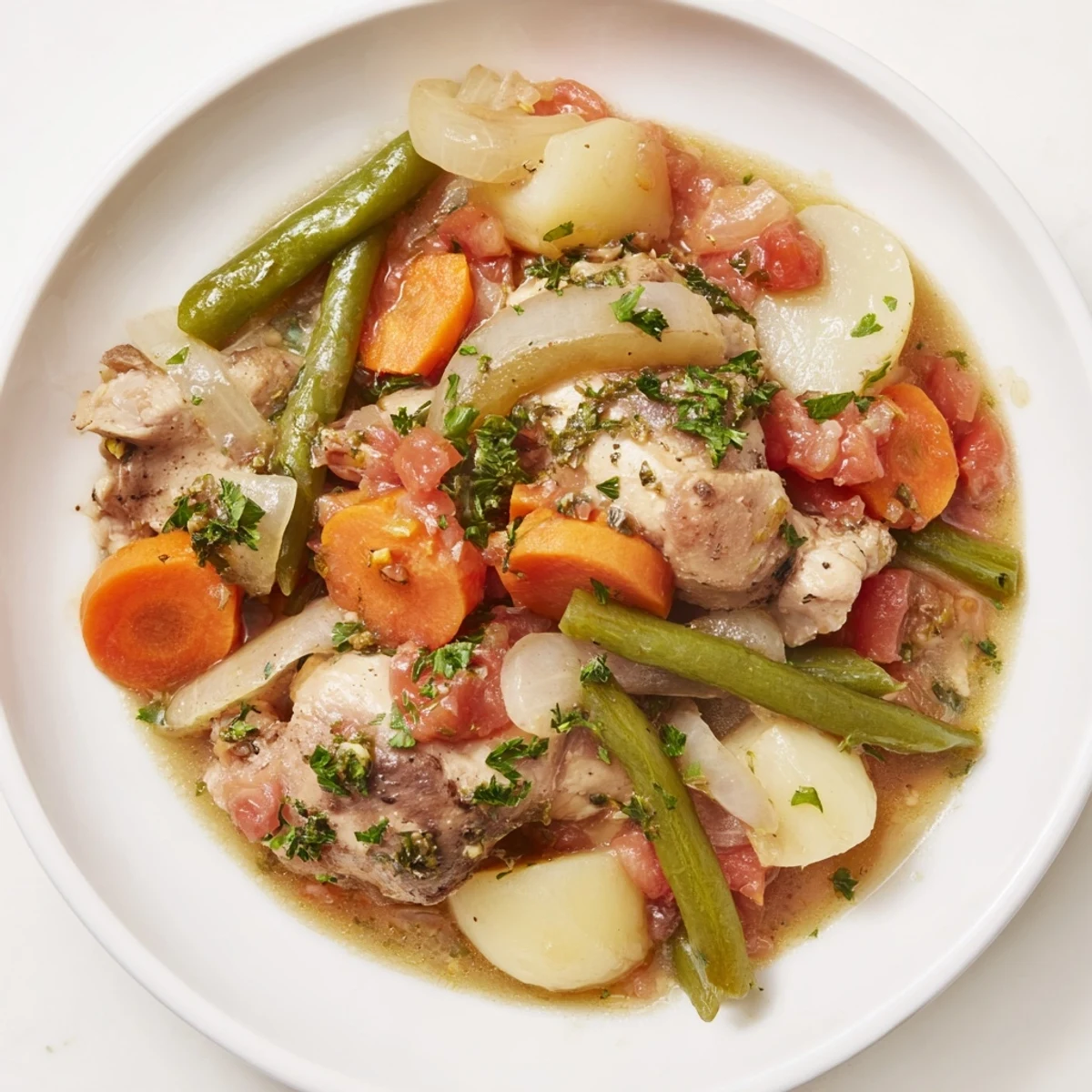 Steaming bowl of Slow-Cooker Chicken & Vegetable Stew, bursting with tender chicken and vibrant vegetables.
