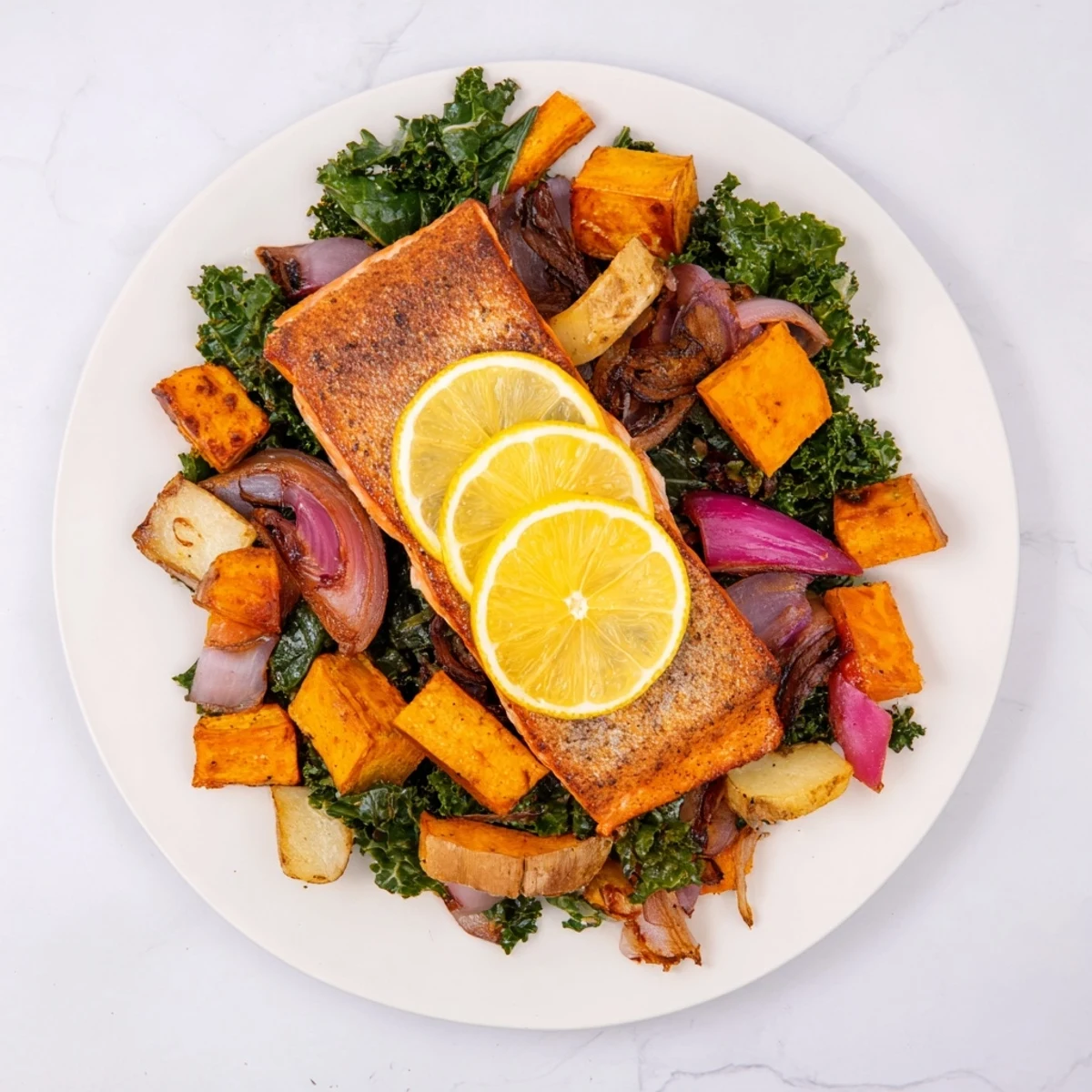Perfectly cooked Sheet-Pan Salmon with colorful roasted winter vegetables and greens.