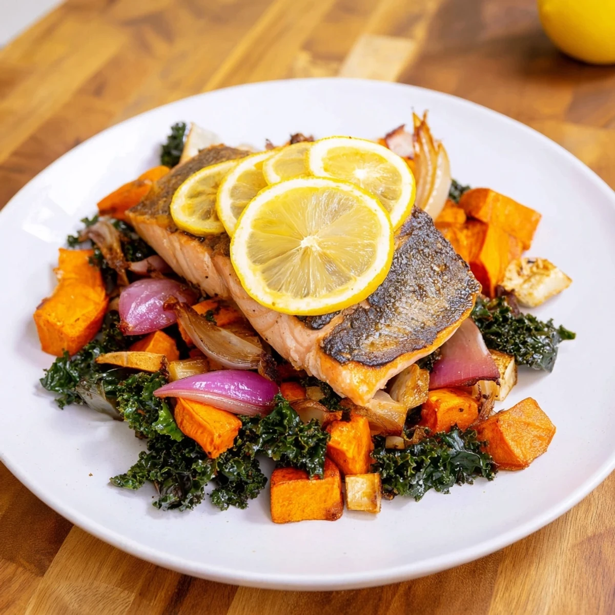 Sheet-Pan Salmon with caramelized vegetables and greens, promising a delicious, healthy dinner.