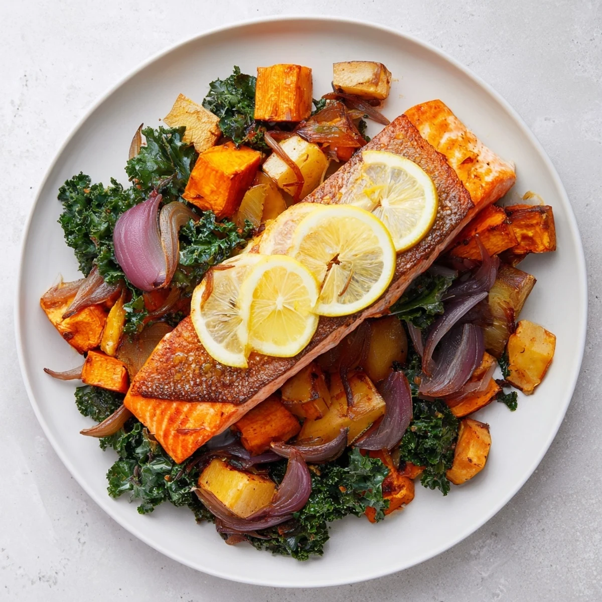 Flaky, moist Sheet-Pan Salmon sitting atop vibrant roasted root vegetables, a complete meal.