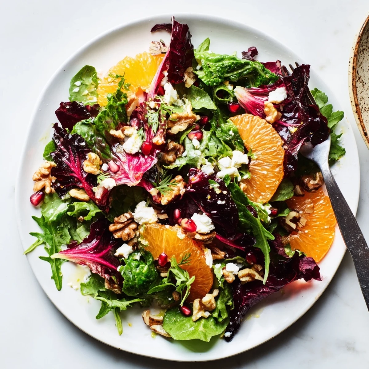 Fresh Winter Greens Salad: a close-up of vibrant ingredients with textures and bright colors, amazing!