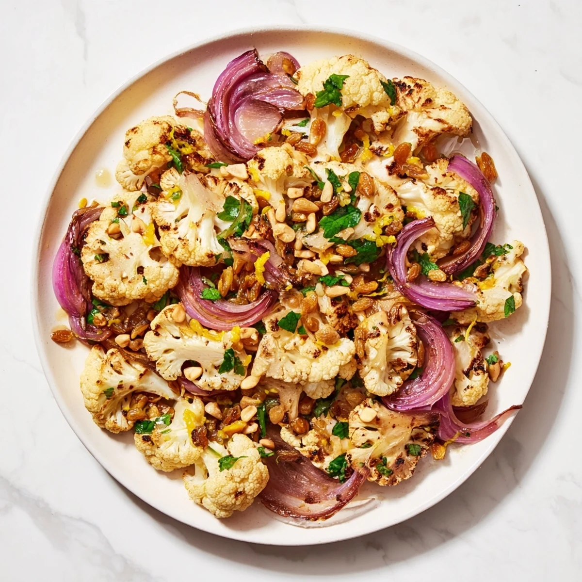 Warm roasted cauliflower salad with lemon dressing, garnished with toasted pine nuts.