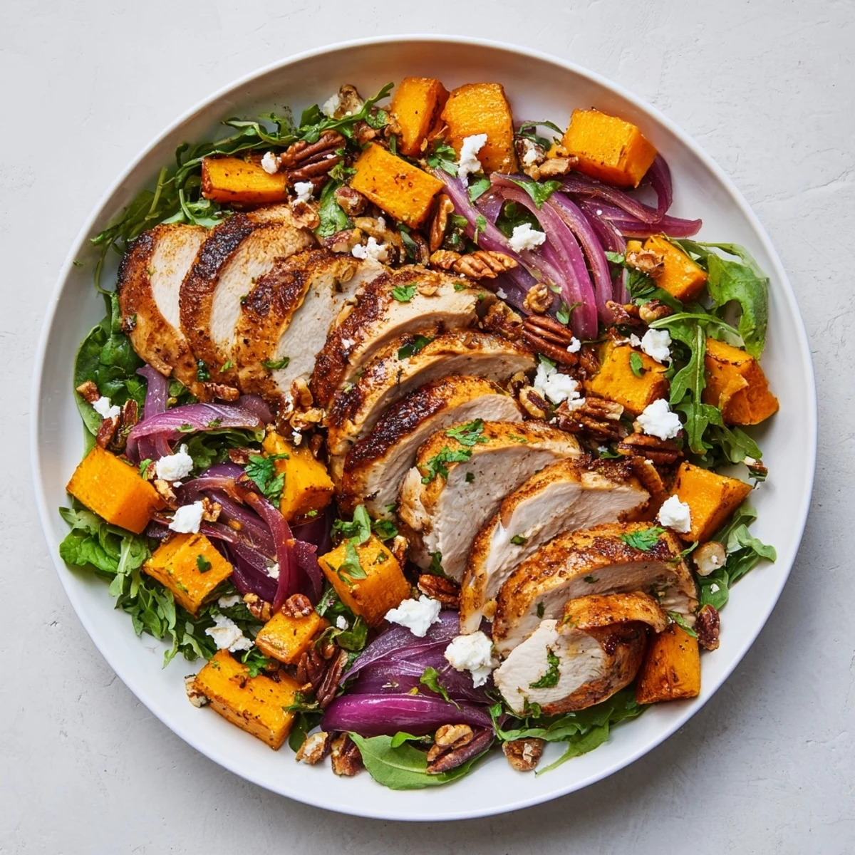 Golden-brown Roasted Chicken & Winter Squash Sheet-Pan Salad with tender chicken and caramelized squash, ready to serve.
