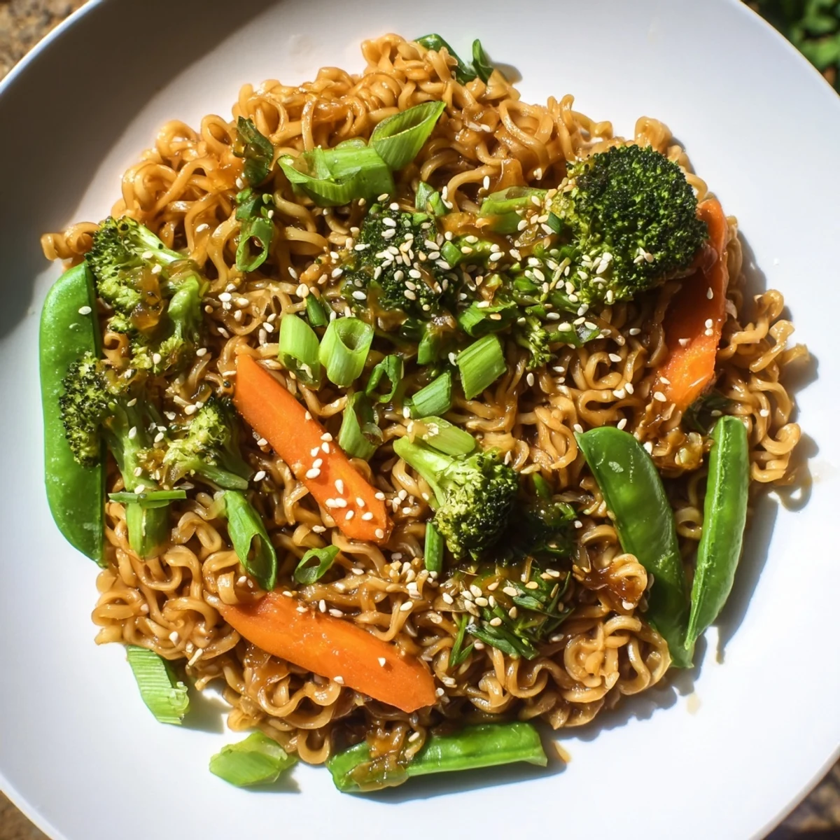 Steaming bowl of Ramen Noodle Stir-Fry Remix, with colorful veggies and a savory sauce aroma.