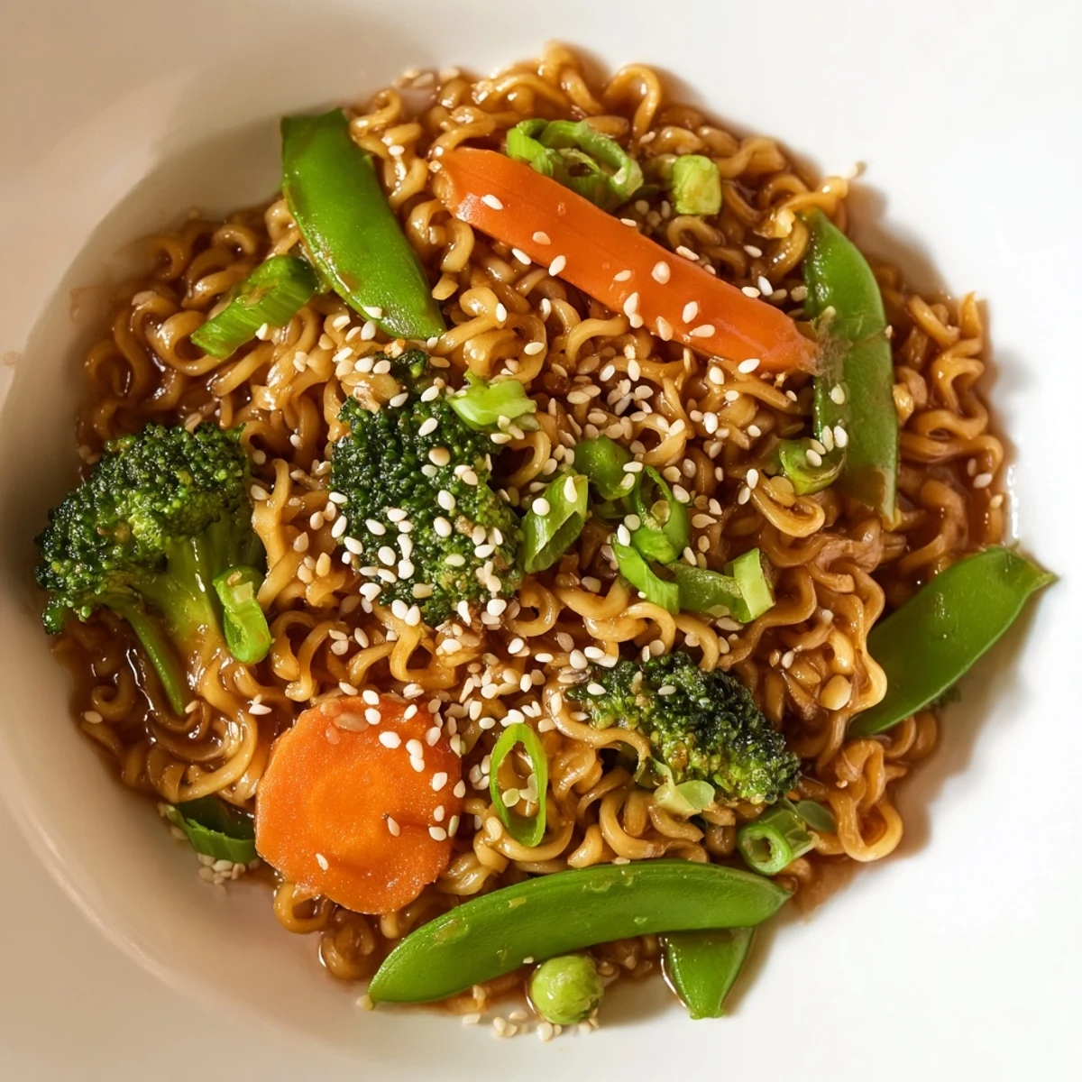 A quick and easy Ramen Noodle Stir-Fry Remix, ready with sesame seeds for a delicious dinner.