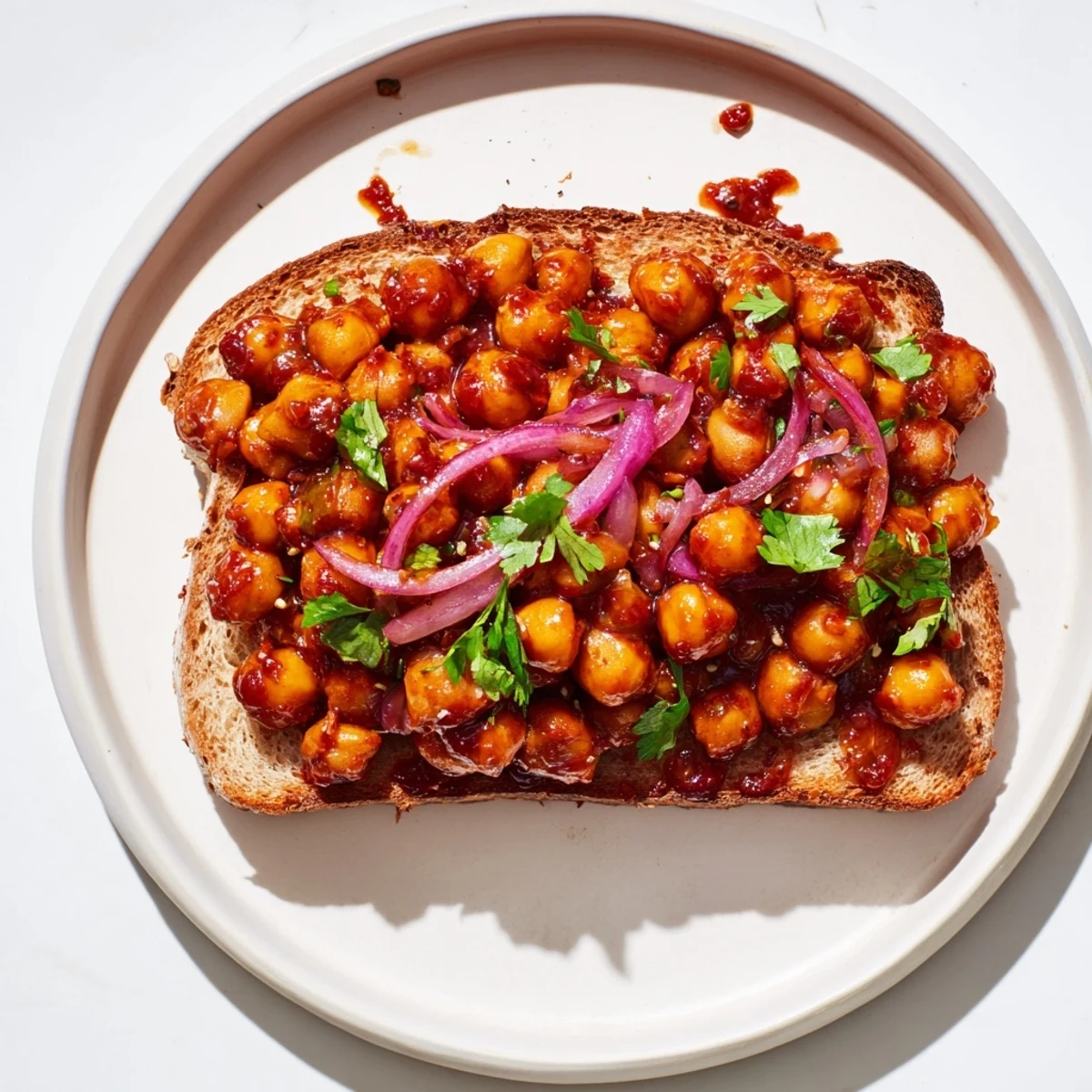 BBQ Chickpeas on Toast piled high and garnished, offering a vibrant, flavorful vegan lunch idea.