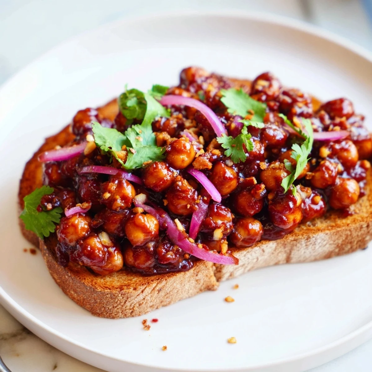 Golden toast topped with savory BBQ Chickpeas; a satisfying, easy vegan meal, great flavors.