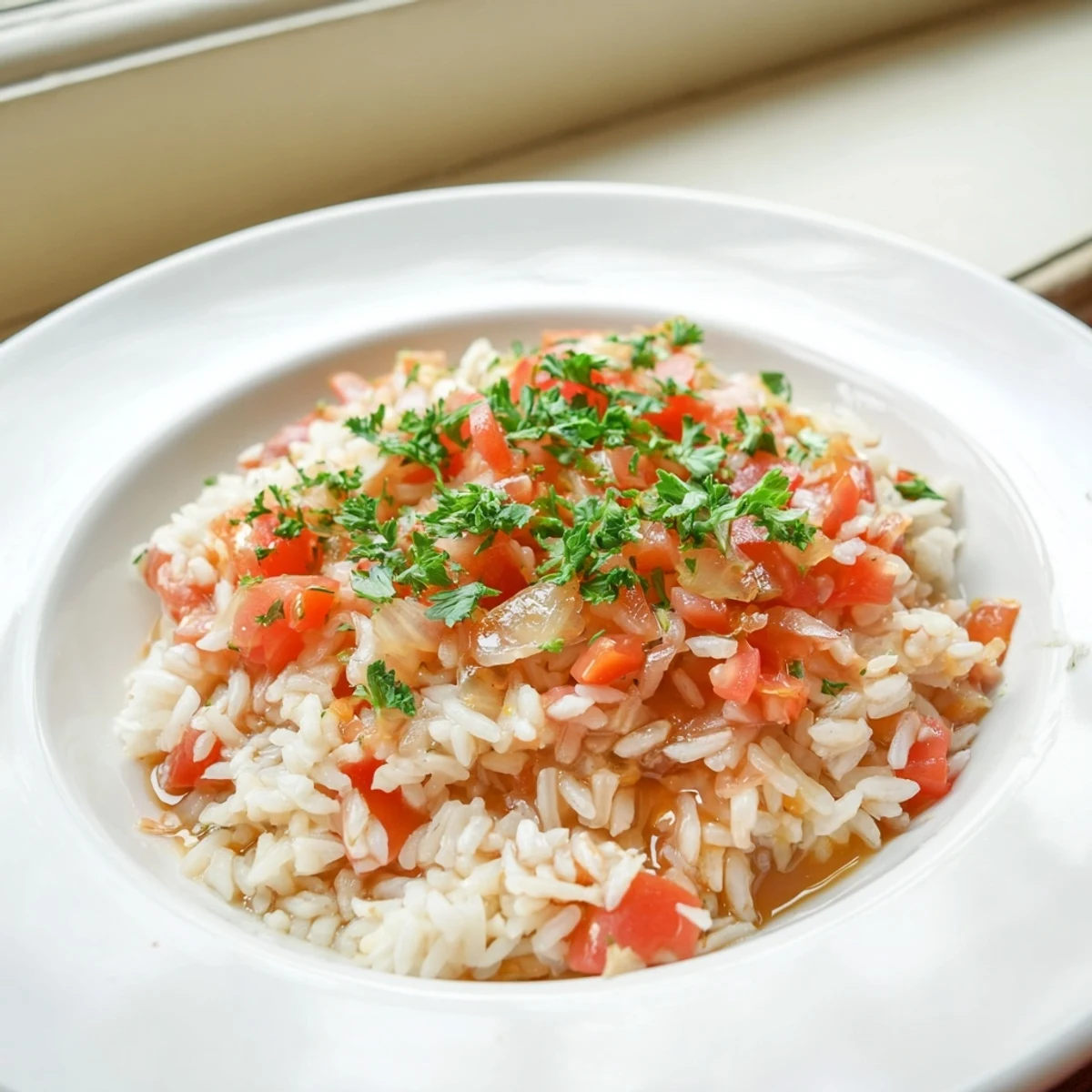 Steaming Tomato-Rice Skillet Dinner, a colorful, one-pan meal with a simple, savory fragrance.