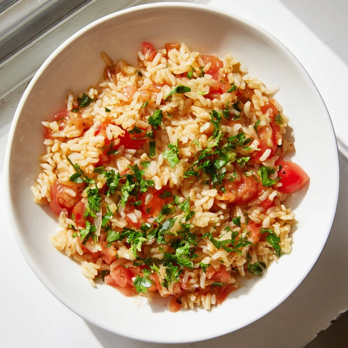 Looking at the finished Tomato-Rice Skillet Dinner: a satisfying, vegetarian dish bursting with fresh flavors, perfect for dinner.