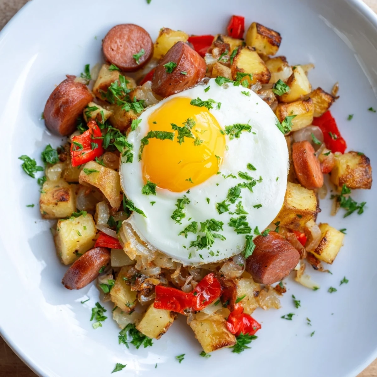 Close-up of a skillet brimming with Egg & Potato Hash with Hot Dogs, perfect for breakfast or dinner.