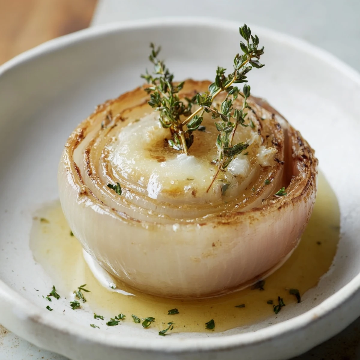 Steaming hot Onion Boil side dish, with butter melting around sweetly caramelized onions and herbs.