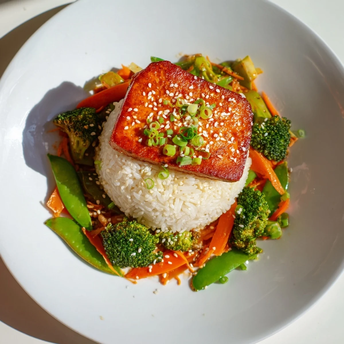 Golden-brown pressed tofu steaks sit atop vibrant stir-fried vegetables and white rice.