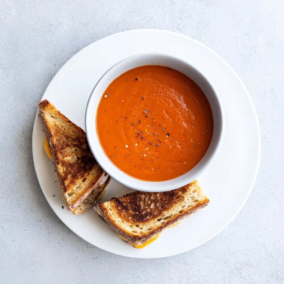 A close-up of the creamy 5-Ingredient Tomato Soup and cheesy grilled cheese, ready to eat.