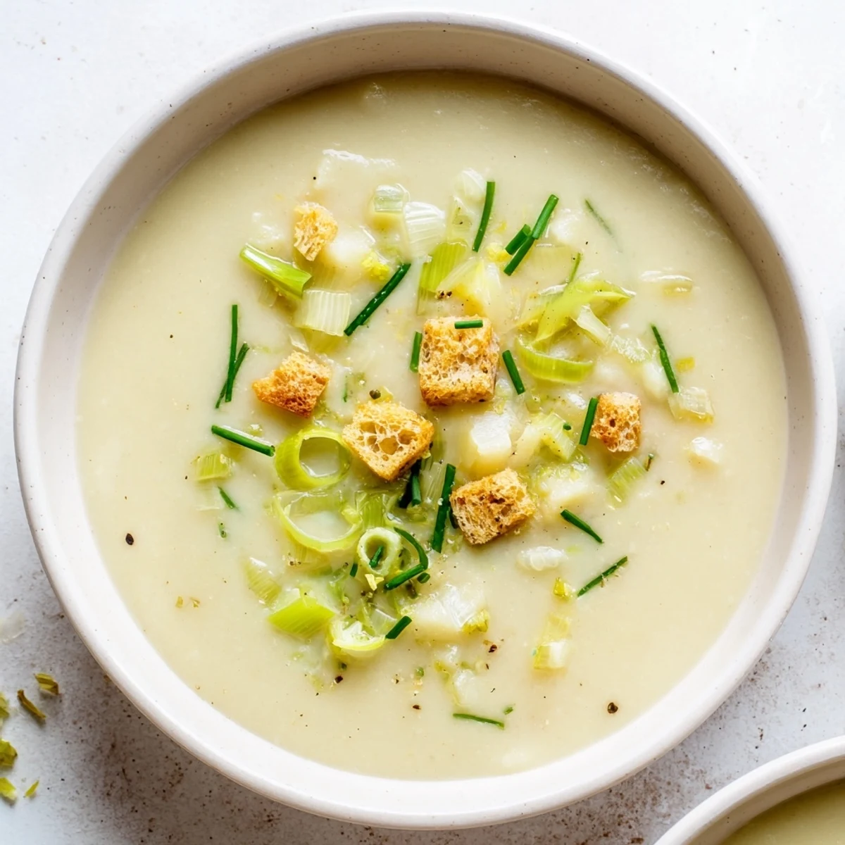 Steaming bowl of Potato Leek Soup topped with fresh chives, a comforting and creamy dish.