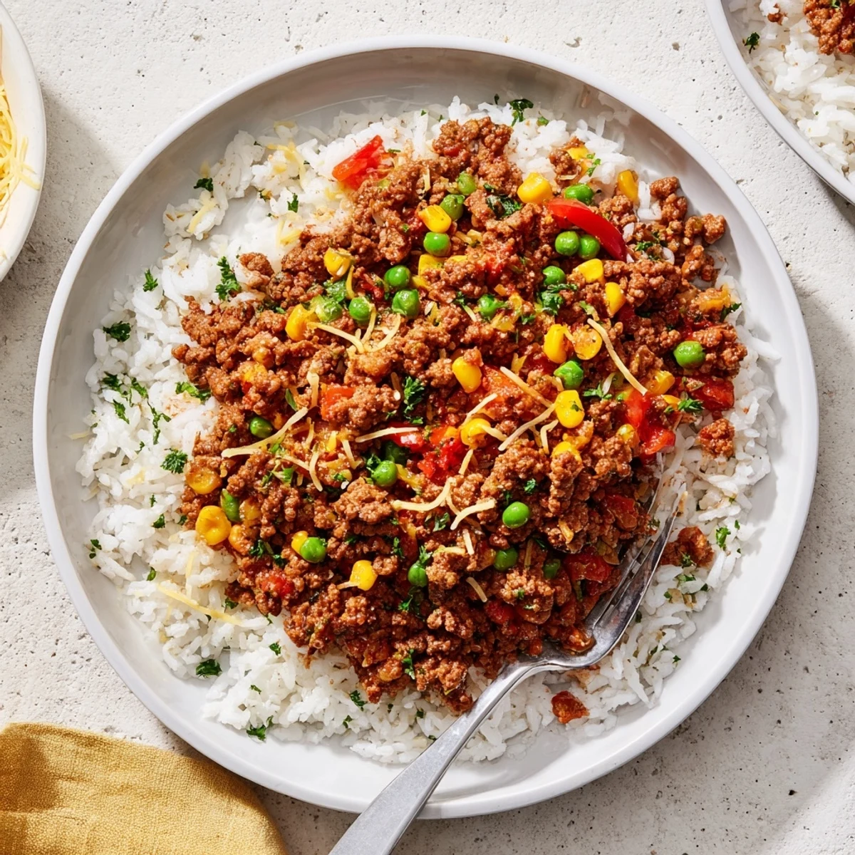 Ground Beef Skillet with Veggies & Rice: a close-up showcasing the cooked, savory one-pan meal's textures.