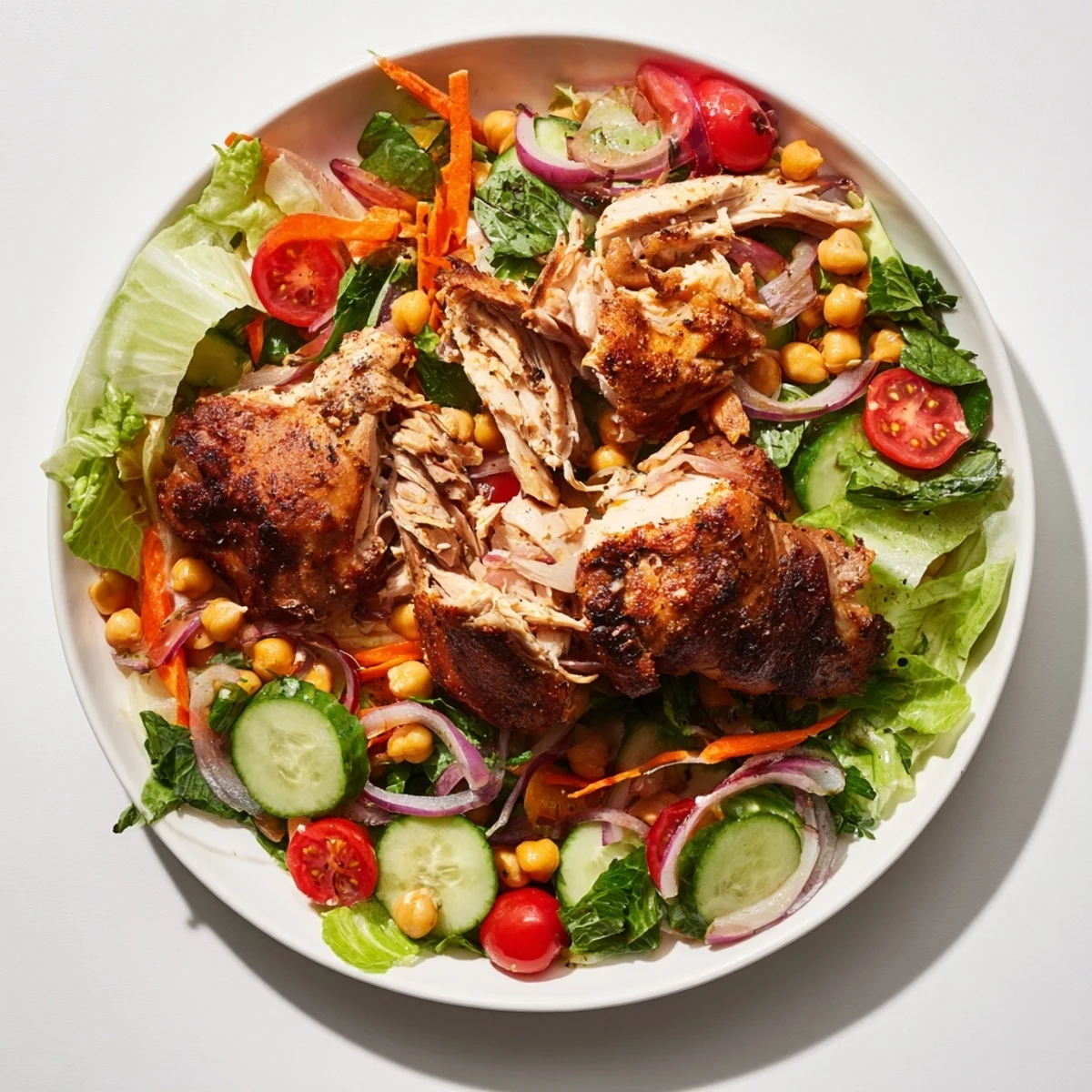 A close-up view of a flavorful chicken salad with tender chicken and crunchy, colorful vegetables.