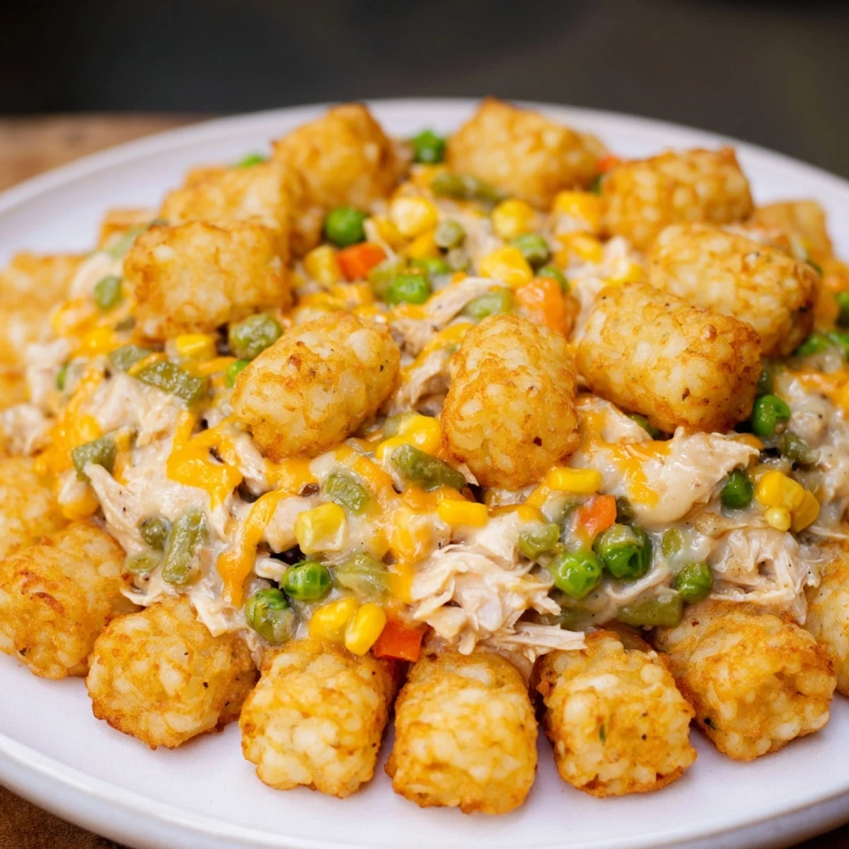 Golden-brown Tater Tot Chicken Pot Pie, bubbling hot with a creamy, vegetable-filled chicken base.