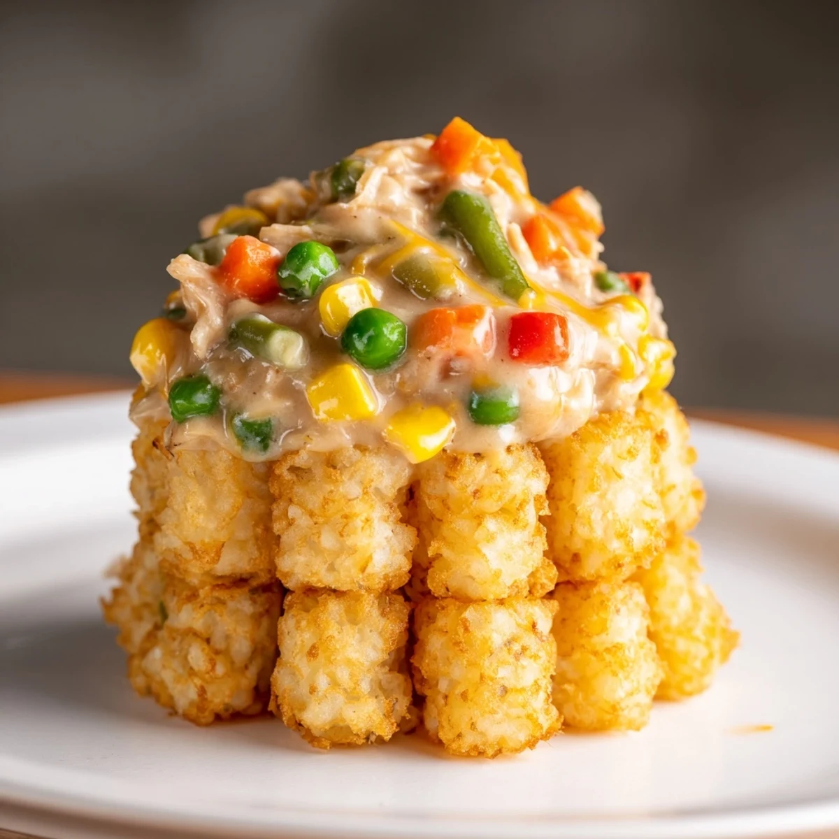 Crispy tater tots crown a savory Tater Tot Chicken Pot Pie, a flavorful family-friendly casserole dish.